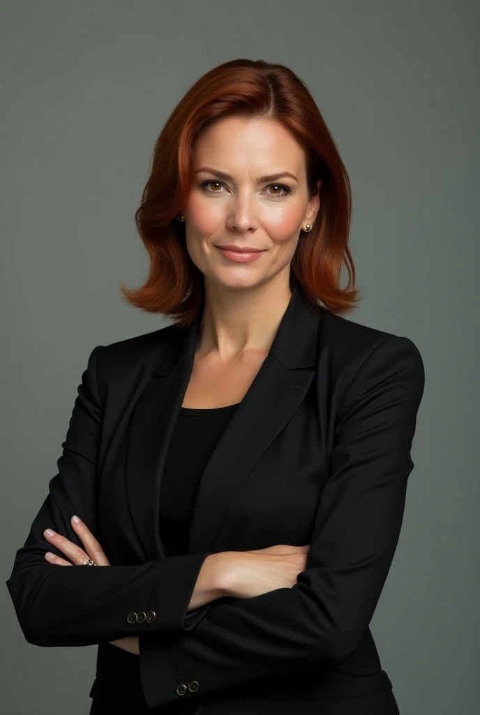  Create a hyper realistic image of a 45-year-old woman with copper brown hair and a blazer, and arms crossed as if looking at someone !