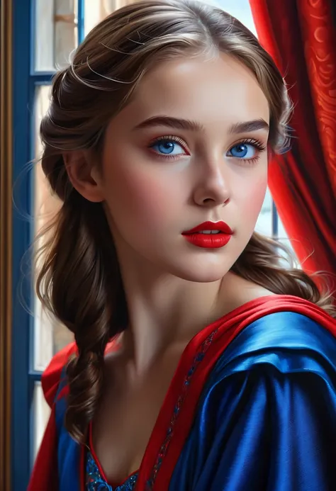 (Best Quality, 4K, 8K, High Resolution, Masterpiece: 1.2), (Super Detailed, Realistic, Photorealistic:1.37)A captivating young girl, donning a striking ensemble of red and blue, stands before a window with an air of toughness and determination. Her enchant...