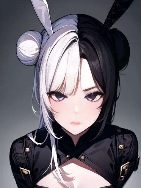 purple eyes, disgusted look, portrait, Best image quality, masterpiece level, Ultra-high resolution, realism, fantasy theme, arms, facial details, A girl with bunny ears, single, Bun with bunny ear hair accessories, 8K, masterpiece,  top angle, sexy beauti...