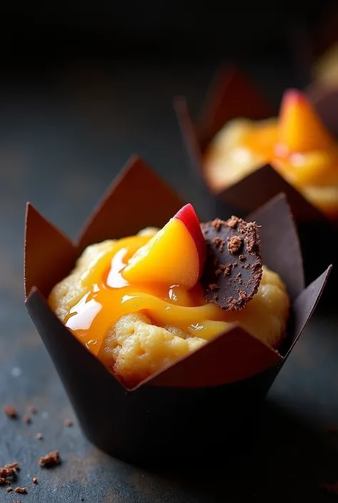 Fluffy peach yogurt muffin filled with a cream with pieces of peach cut with a glaze of reduced peach syrup drizzling and pieces of peach and crispy chocolate as decoration, the muffin has black paper and the background is also black