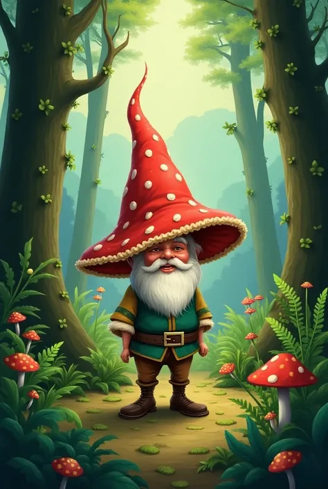 Drawing of a good-looking gnome in the middle of the forest with his hat like a mushroom