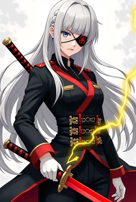 Anime/manga art, black and white, woman, straight long white hair with straight bangs and a braid, black eyepatch with red symbol, black and red officer uniform, holding red bladed katana sword infused with yellow lightning, white gloves,