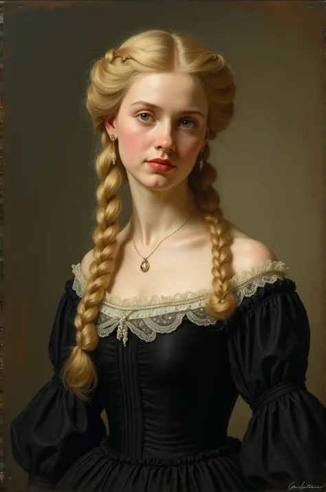 18th century blonde woman dressed in black with braided ear hair 