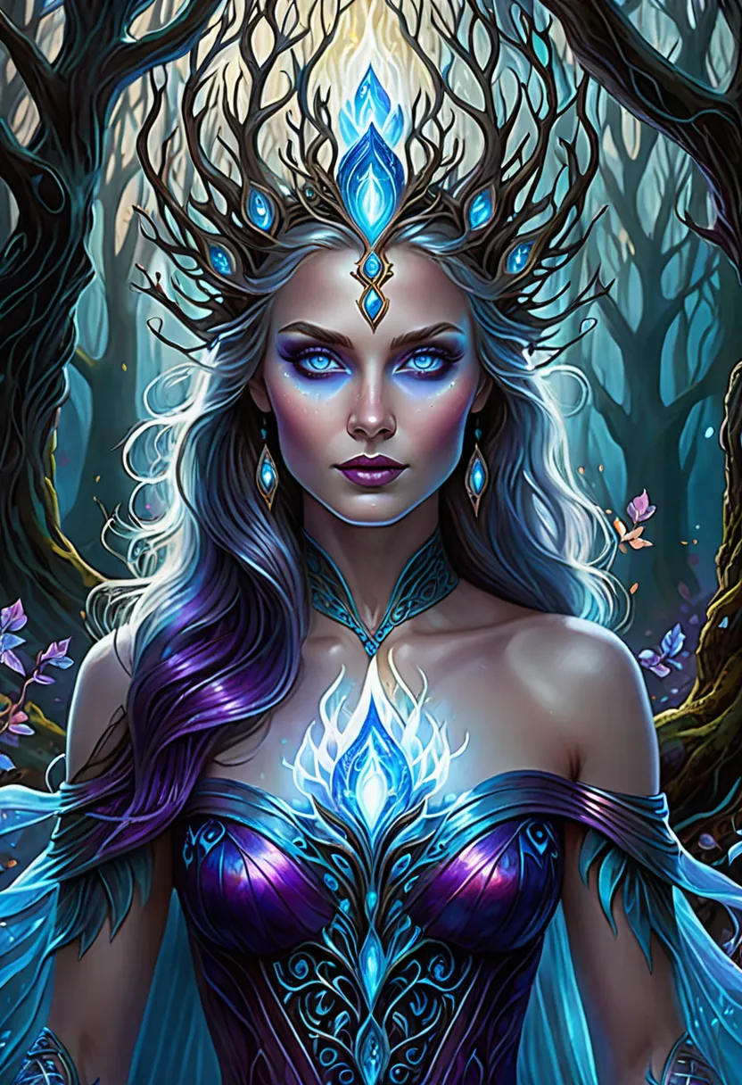 an award-winning  darkfantasy digital art piece, bathed in hues of mystical purple and blue, entitled "enchantress of the surrea...