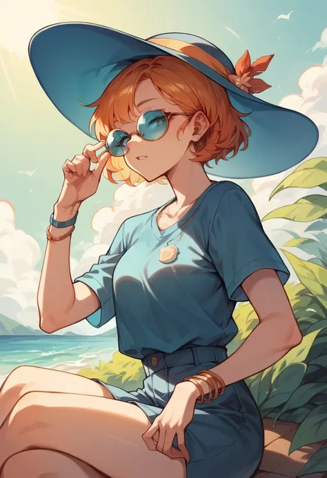 A girl chilling beach wearing sun glasses with blue top copper hair with hat 