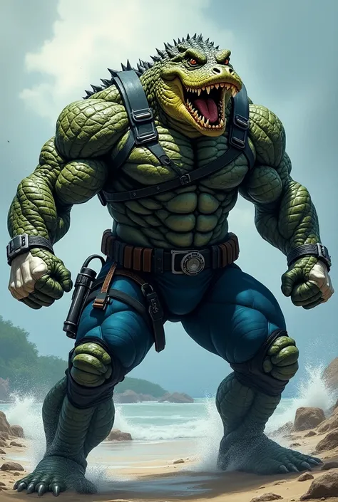 (A rugged beefy very muscular bulky angry crocodile man), (wearing blue wetsuit), thumbs up pose, wearing bulky scuba gear, muscular physique, toned muscles, fierce, heroic, action, comic artstyle, bulky best quality, wearing white rubber gloves. wearing g...