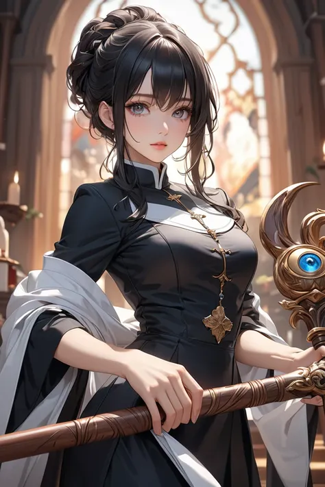 Woman , long black hair , black eyes ,mage , holding a wooden staff,  Priest clothes , fully clothed,detailed background, every detail is rendered in superb detail, perfect composition, masterpiece, best quality, 8k, ultra-detailed, very clear, perfect ana...