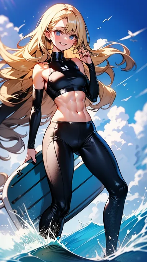 24-year-old Caucasian woman、Hair color is blonde、、long hair、Curly hairstyle、eye color is blue、Slender curvy body、wearing a diving suit、My abs are cracked、Riding a surfing board in the ocean、smile