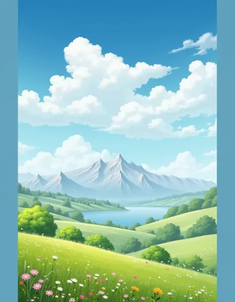 Hi, Id like to ask you to generate a vivid image of nature. The image should have a meadow with green grass and trees, beautiful mountains on the horizon and a high blue sky with white clouds. Thank you.