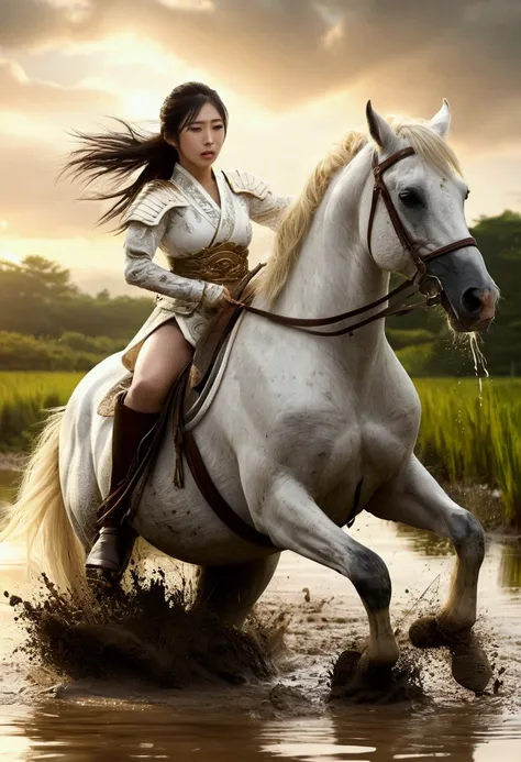 Tragic,A woman dressed in white samurai armor,rearing horse is stucked bottomless hard swamp,whipping,white horse,splash, dynamic ,Violent horse movements,The horse that a woman crosses is the body of a horse that hates swamps and runs away and is tired,a ...