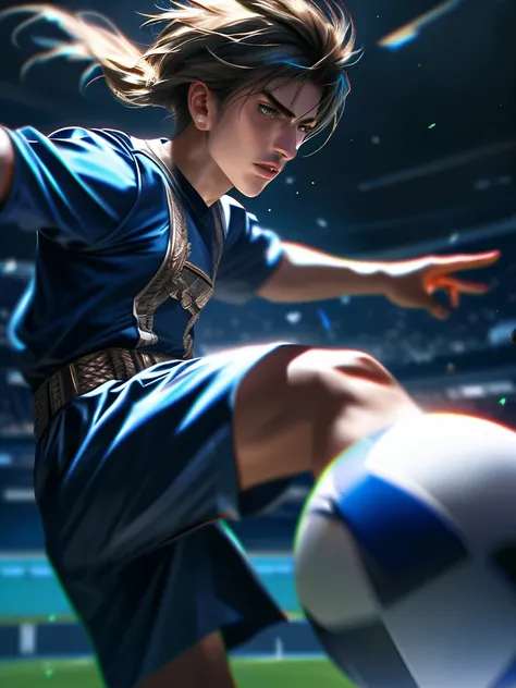 a handsome young man in a squall lionheart outfit, kicking a soccer ball, highly detailed, realistic, photorealistic, 8k, sharp focus, professional photograph, cinematic lighting, dramatic shadows, vibrant colors