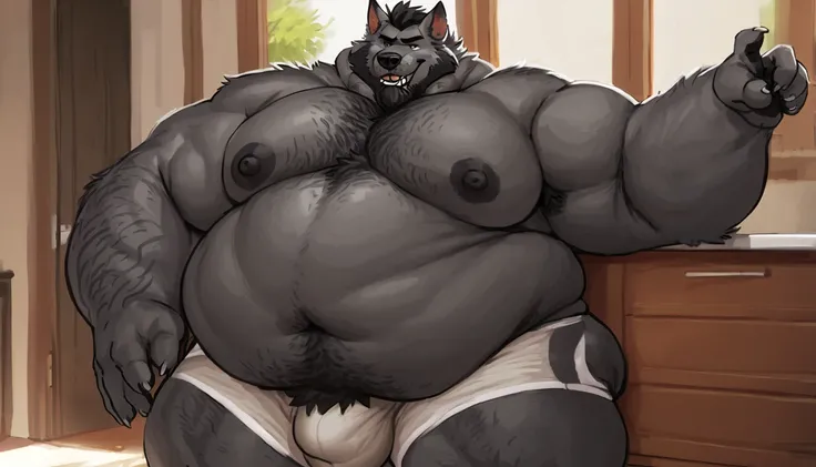 (duo;:1.5), huge bulge, hairy armpits, bara wolf, black and pink fur, (massive large obese physique,:1.8), very large, perfect anatomy, masterpiece, black beard, black eyes, strong jaw, giant biceps, shirtless, hairy pectorals, solo, great lighting, by beb...