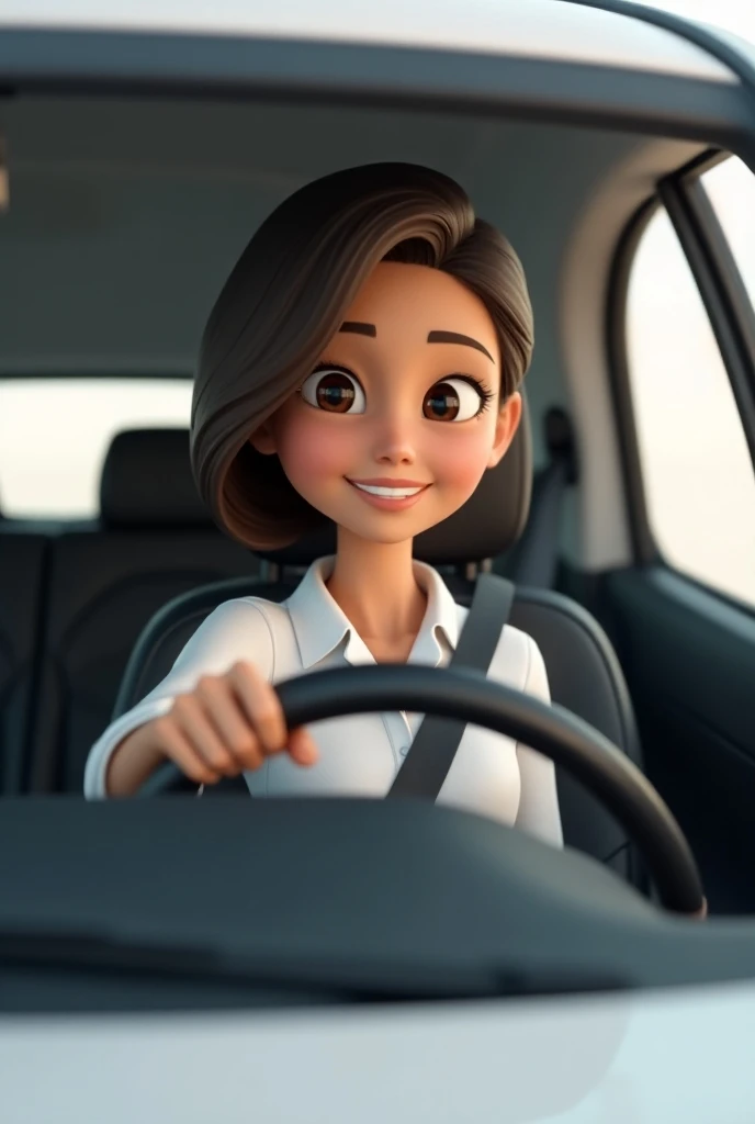 A sleek and sophisticated Pixar-style 3D Uber driver in a white Chevrolet Spark