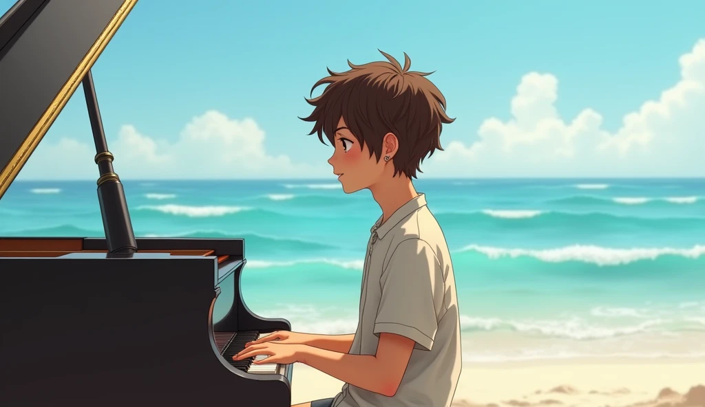  Play a grand piano　 18-year-old boy　Brown Hair　Medium length　  cute face　Earrings　  open shirt  　The background is the beach　Realistic