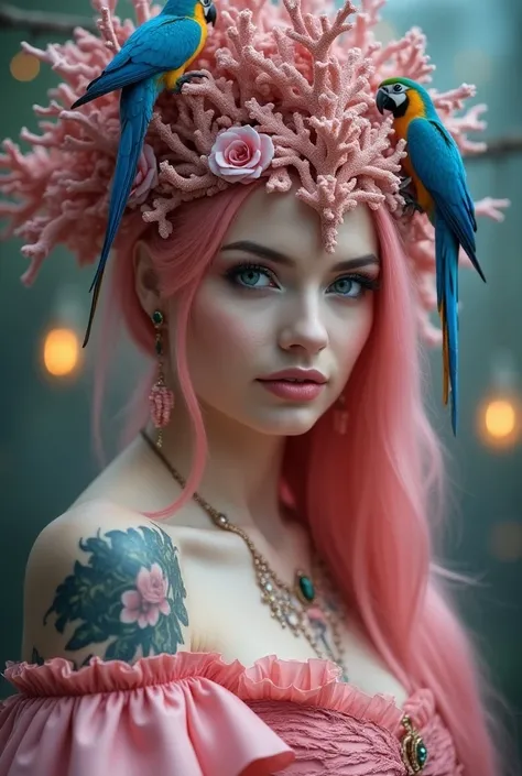 A fantasy Portrait of a Russian Beauty, blue eyes,  closeup, perfect facial features, Pink colour and thick hair(pink colour), her face is decorated with corals and silk,pink ribnons.on hair, a bird nest designed crown on her head, lots of blue parrots sit...