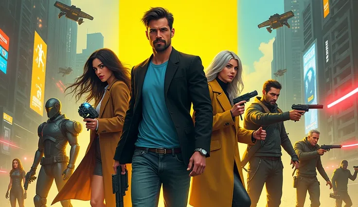 In four split cross frames Man in black hair and short beard wore black blazer, blue t shirt and jeans holding lazer gun in main character, gorgeous fair woman in brown long coat holding robot broken hand, old man in grown grey long hair in yellow jerkin h...