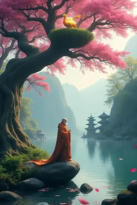  Create a fantasy scene in a mystical forest environment .  At the bottom of the scene ,  a monk with Looking like a wise old man is standing in a large rock next to a serene lake ,  surrounded by trees with vibrantly colored leaves ,  especially pink and ...