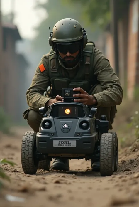 A indian soldier operating a very small wifi surveillance car from mobile in distance by hiding himself