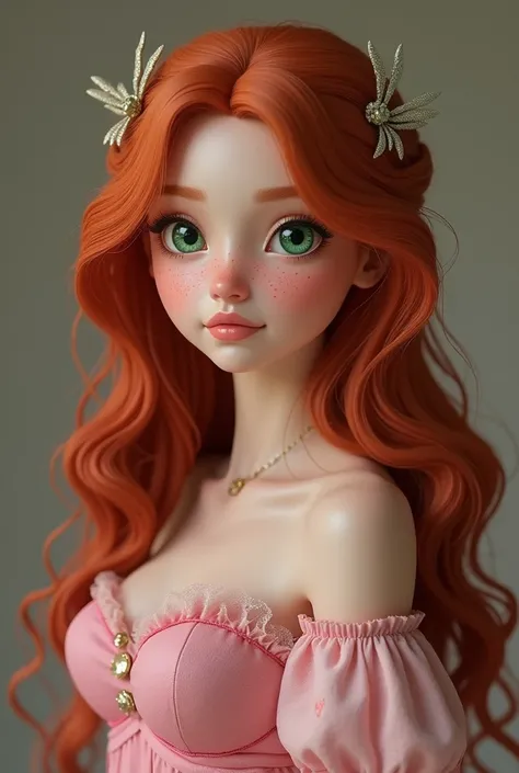 Create a realistic image of an 18-year-old princess she has green eyes red hair like that of a fox she is long and wavy she has freckles on her face she is wearing a pink dress and her hair has white highlights 