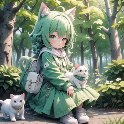 (masterpiece),   1 girl,  Cute Animals、Cat Ears、Park with trees、