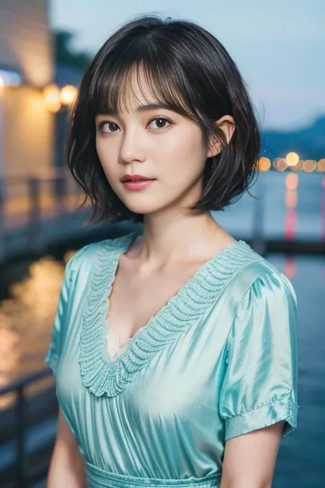 41
(Airy wavy short bob cut:1.23), (a 25yo woman), (A hyper-realistic), (masutepiece), (8KUHD), Being in the harbor at night, Medium chest