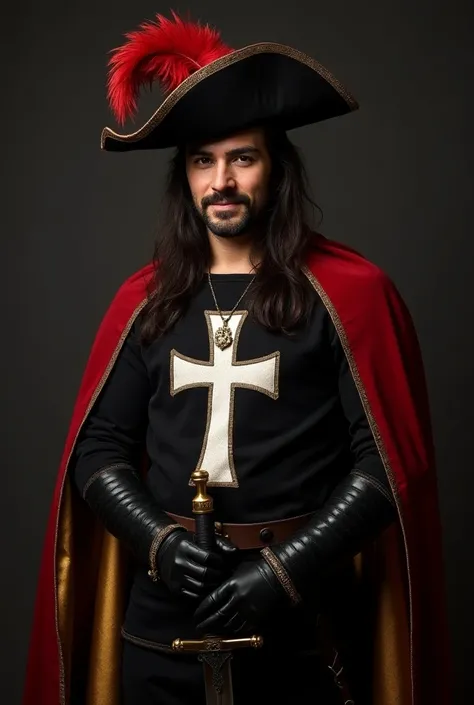 A man dressed as a musketeer, with a black and red wide-brimmed hat, with a great feather.  He has long, dark hair . The black tunic he wears features a large white and gold cross in the center., with gold edge details. He wears black leather gloves and a ...