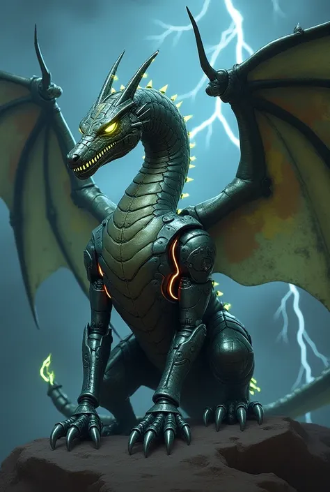 A high-definition digital painting of a dragon fused with robotic elements. The dragon has iridescent metal scales mixed with patches of organic, leathery skin, and its wings are enhanced with metallic reinforcements and mechanical joints. Its eyes glow a ...