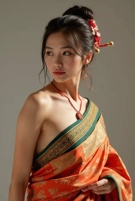 Create an image HD 4K  of a beautiful Japanese  BUSTY woman dressed in a vibrant Indian saree, with intricate detailing on the fabric and traditional jewelry to complement the attire. She stands gracefully, showcasing a balance of elegance and cultural fus...