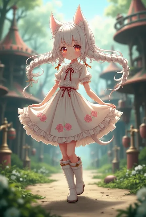 Masterpiece: 1.2, highest quality, 16k, high resolution,
1 cute girl with cat ear and cat tail, long hair blown up, parted bangs, twin braids, beautiful white hair, glossy hair, cute anime face, ^ ^, lovely big eyes, peach pink pupils, neck ribbon, leaves ...