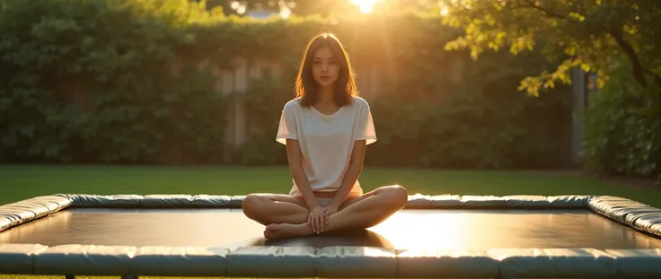 woman in her late-20s with brunette hair. She is wearing her underwear and a band t-shirt while doing a sitting on a giant rectangular trampoline in a sunny backyard