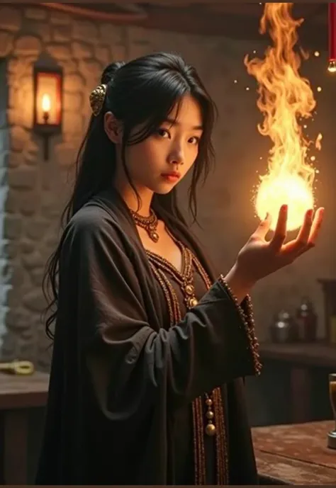 asian young female teenager, short black hair, shoulder length hairstyle, wearing a dark ancient black robe with silver gold jewely, looking straight at the camera, in her right hand is a magical shinning red fireball popping out, she is standing in a dark...