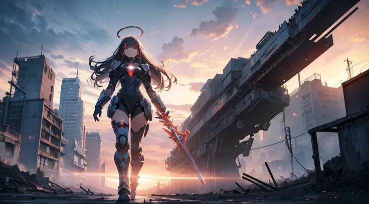 a girl with a large 30m humanoid mecha robot, twisted red angelic halo, giant sword embedded in the ground, dilapidated town square, desolate wasteland, cloudy sky, final boss, last battle, cinematic dramatic lighting, highly detailed, 8k, ultra-realistic,...