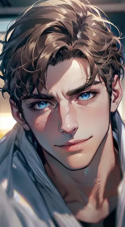 (best quality,4k,8k,highres,masterpiece:1.2),ultra-detailed,(realistic,photorealistic,photo-realistic:1.37),1 man,3,mature man,very handsome,without expression,smile,short grey brown hair,blue eyes,penetrating gaze,perfect face without errors,imposing post...