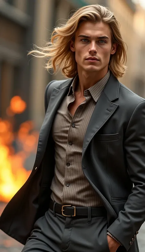 Add Extra same face  Full body 24 years Old sem Add man Face Add l character Handsome Oval face shape Esta ,stylish long color  Full Golden hair. smooth skin tight , Ford Body Add  Movement Action Pose with a Beautiful look cinematic blur background 