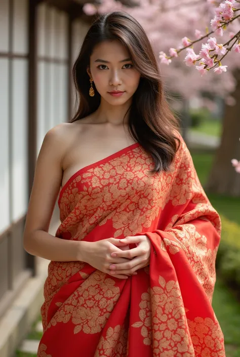 Create an image HD 4K  of a beautiful Japanese  BUSTY woman dressed in a vibrant Indian saree[[[[EXTREME LOW WAIST GIVING HINT OF VAGINA . SAREE .V[] [[[WITH GIGANTIC BIG MILKY JUICY BREASTS ]] gives hint of MISCHIEVOUS INTENT that clings to her curves, ac...