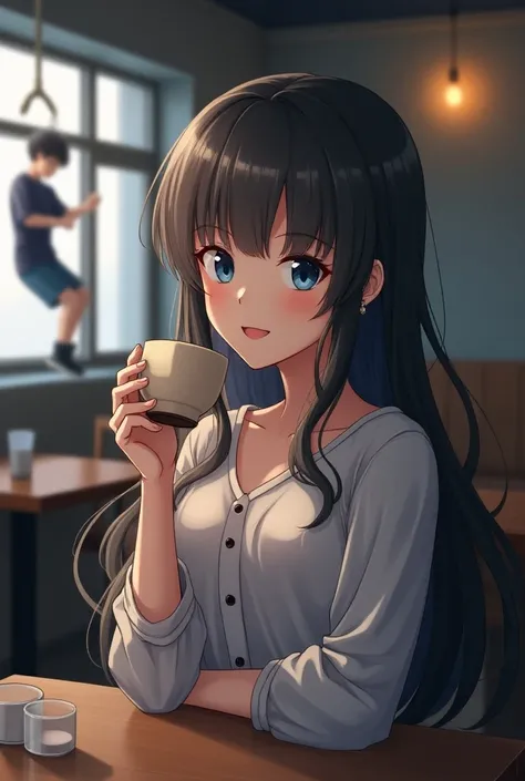 The 16-year-old boy is hanged on the back and  girl is sitting on the bench in both cafes and drinking tea1girl, High Resolution, Smile, Breasts, Long Hair, Blue eyes, Simple background, Best Quality, UHD, Shiny Hair, Earrings, Depth Of Field, Anime Style,...