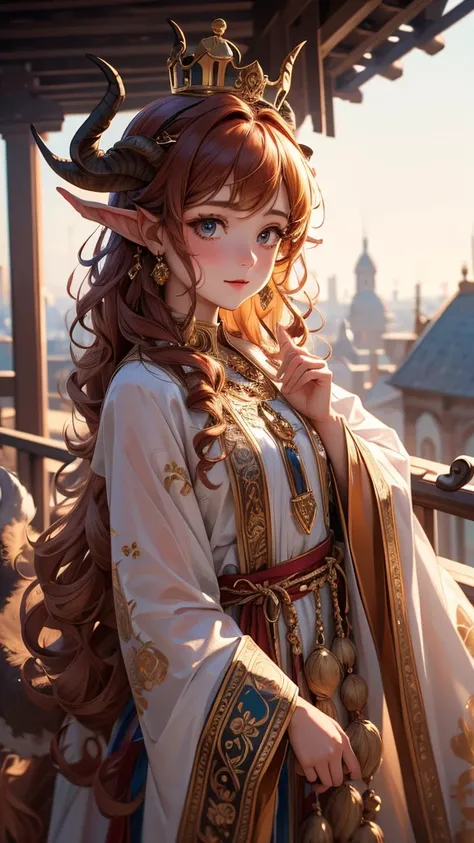  high quality ,  8k Ultra HD , clear lines, sharp focus,  Detailed background , 1 girl, Faun Girl, stands on the balcony, richly embroidered dress , crown on the head, curly hair,  goat horns on the head