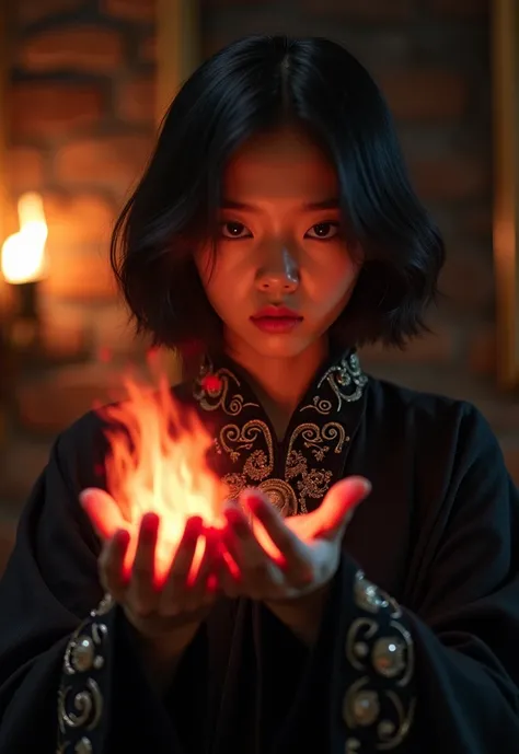 asian young female teenager, short black hair, shoulder length hairstyle, wearing a dark ancient black robe with silver gold jewely, looking straight at the camera, in her two hands is holding a magical shinning red fireball popping out, she is standing in...