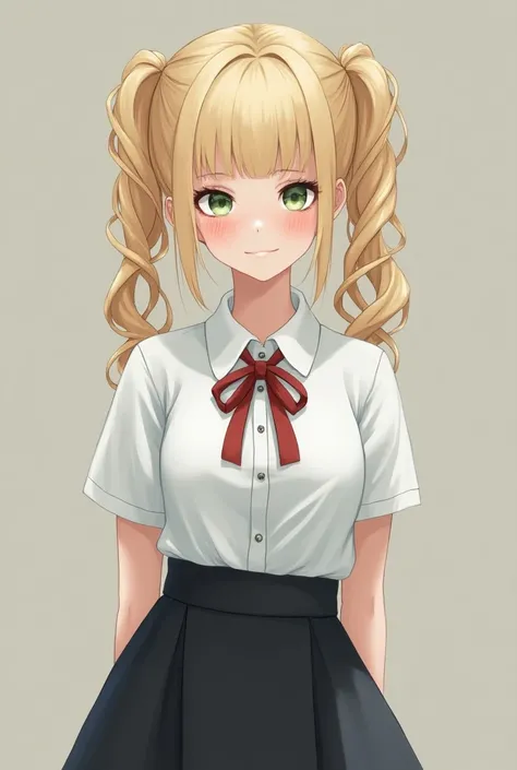 Beautiful young woman in white and black Japanese style school uniform  , white skin,  blond hair with two curly pigtails , big green eyes , small mouth, upturned nose and a little freckles 