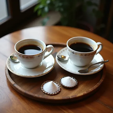 "On a vintage-style café table, two cups of black coffee are placed side by side, surrounded by sugar and small spoons. The coffee cups have a classic design, and soft natural light shines onto the wooden table."