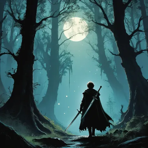 "Create an image showing the back view of a young boy with messy, dark blonde hair as he journeys deeper into a dense, mystical forest. He’s wearing a medieval traveler’s outfit—a weathered cloak, leather boots, and a simple tunic, with a sheathed sword ha...