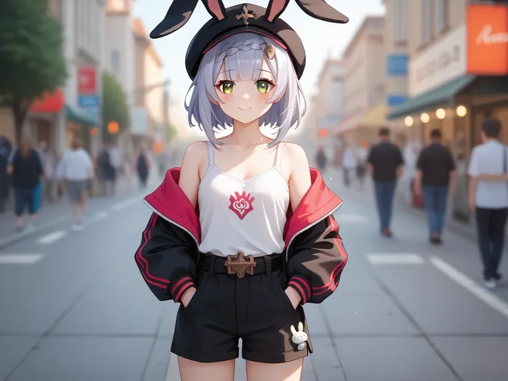 1girls, Noelle  (genshin impact), Masterpiece, Portrait photograph of a beautiful slender young Asian woman, radiantly beautiful, wearing a rabbit-inspired hoodie hat. The hood is large and soft, crafted with plush pink fabric, mimicking a rabbits distinct...