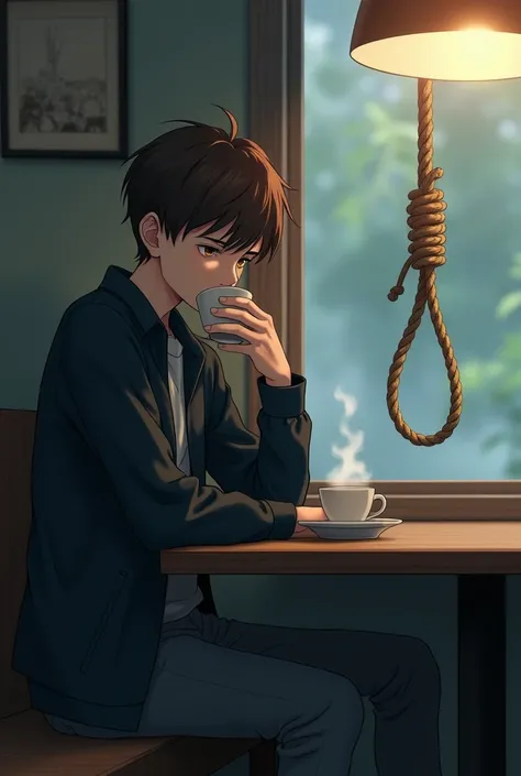 The 16-year-old boy is hanged on the back and boy is sitting on the bench in cafe and drinking tea, High Resolution, , Simple background, Best Quality, UHD, , Depth Of Field, Anime Style, and boyBrown Hair,, 