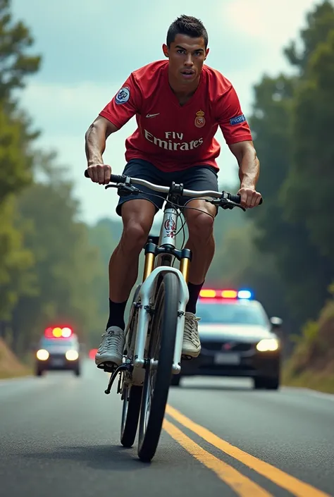 "Generate a hyper-realistic image of Cristiano Ronaldo, wearing his team football jersey and riding bike, in road and making stunt and Wheeling and his back police are chasing him The background should be sky and trees