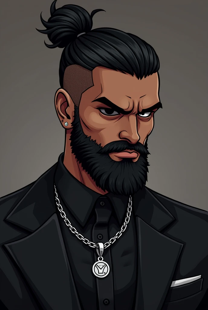  Create a male character with dark skin and black hair cut man bun, with 1 black eye 1 white ,   with an expression of annoyance  , ,  A black suit with a silver chain with a mercury charm, with a full beard and mustache , 1 white eye ,    do this in the s...