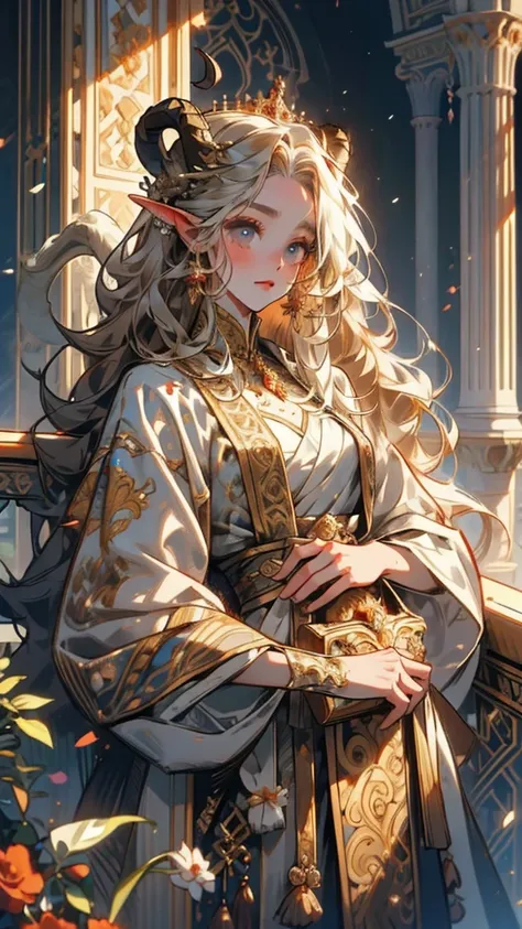  high quality ,  8k Ultra HD , clear lines, sharp focus,  Detailed background , 1 girl, majestic faun girl , stands on the balcony,  richly embroidered royal dress, crown on the head, curly hair,  goat horns on his head 