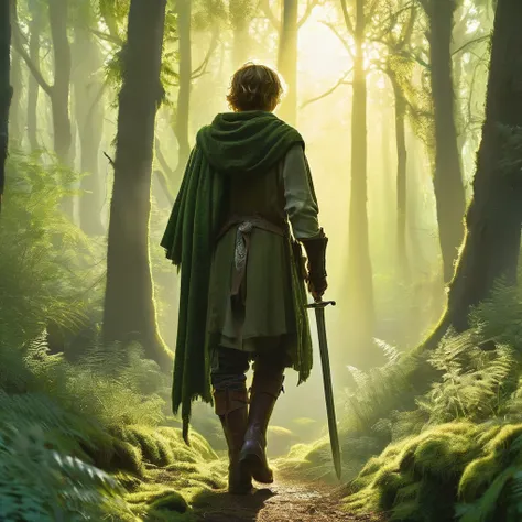 

"Create an image showing the back view of a young boy with messy, dark blonde hair as he walks through a lush, sunlit forest in the early morning. He’s dressed in a medieval traveler’s outfit—a worn cloak, leather boots, and a simple tunic, with a sheath...