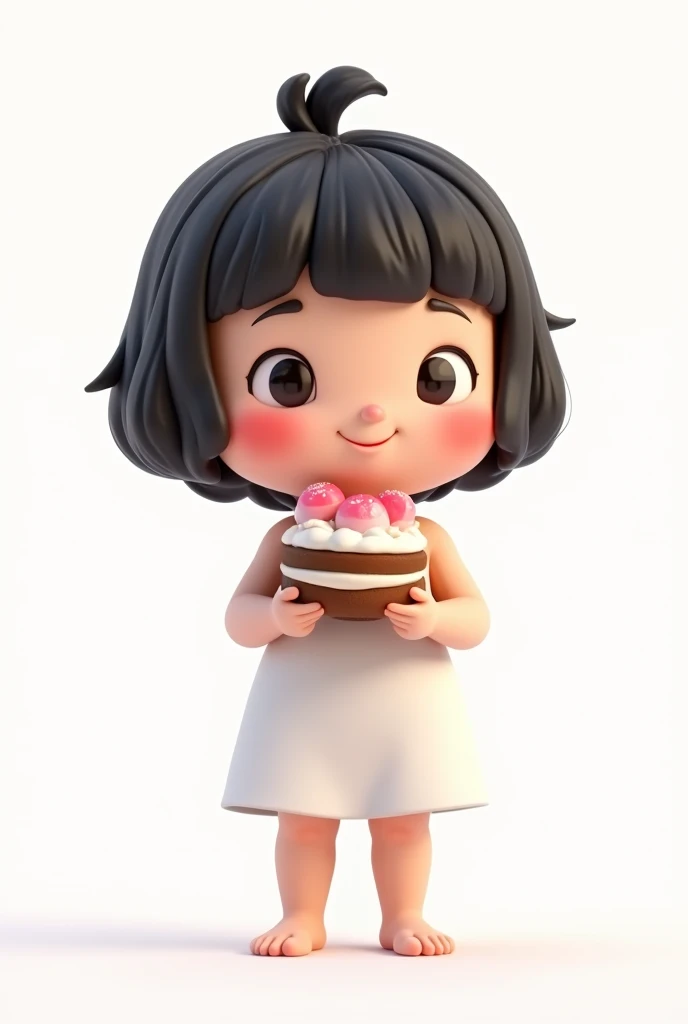 Cute chubby girl , Bighead bang and short black hair, White dress, smile face and Hold cake, cute 3d cartoon, SD cartoon ,UHD, 4K, HD, best quality ,Full body , white background