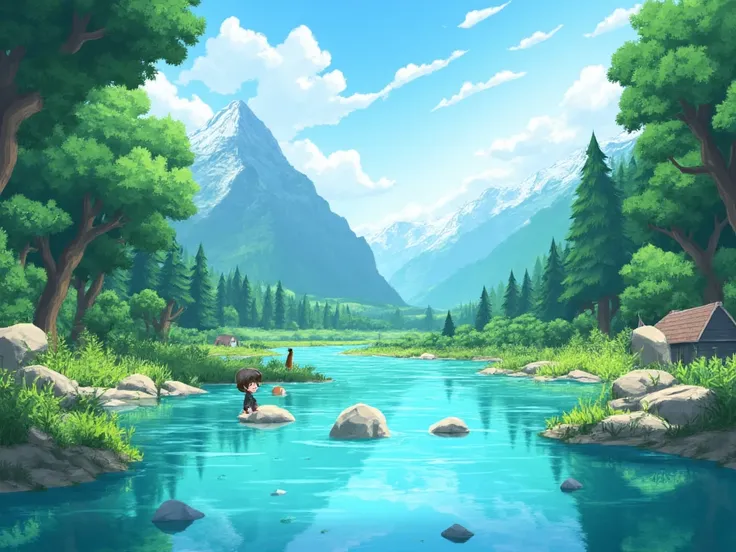 A beautiful flowing clear blue river, cute ren playing on the bank of the river, high mountains around, green trees.