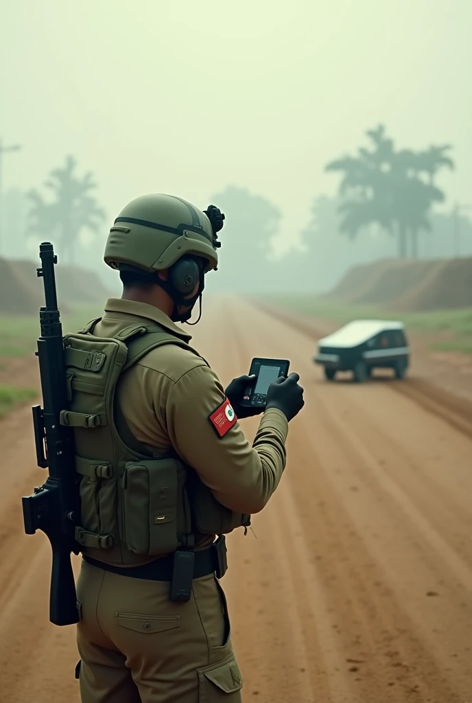 A indian soldier operating a very very very small wifi surveillance car from mobile away from very  long 
distance by hiding himself